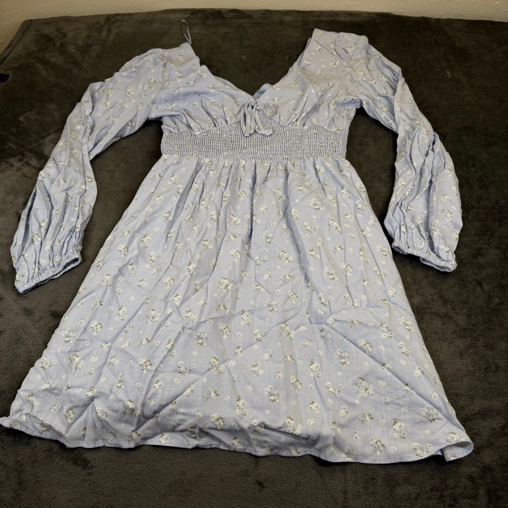 Copper Key Floral Smocked Mini Dress Womens Medium Blue Long Sleeve Tie Front